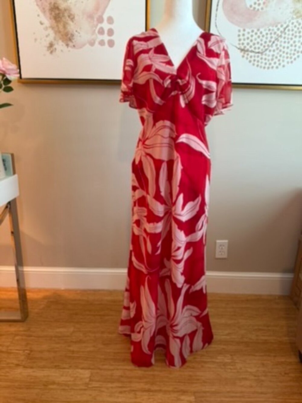 Parker Red and Ivory flutter sleeve Maxi Dress